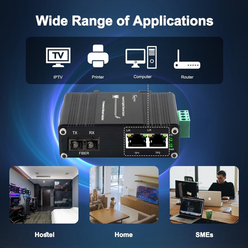 Lcantve Industrial 1.25G SC Fiber to Ethernet Media Converter Up to 20KM, 1x1310nm Single-Mode SC Port to 2X 10/100/1000Base-T RJ45 Gigabit 2 Port Fiber Switch, 12~48V DC Power Input，DIN-Rail Support - Image 4